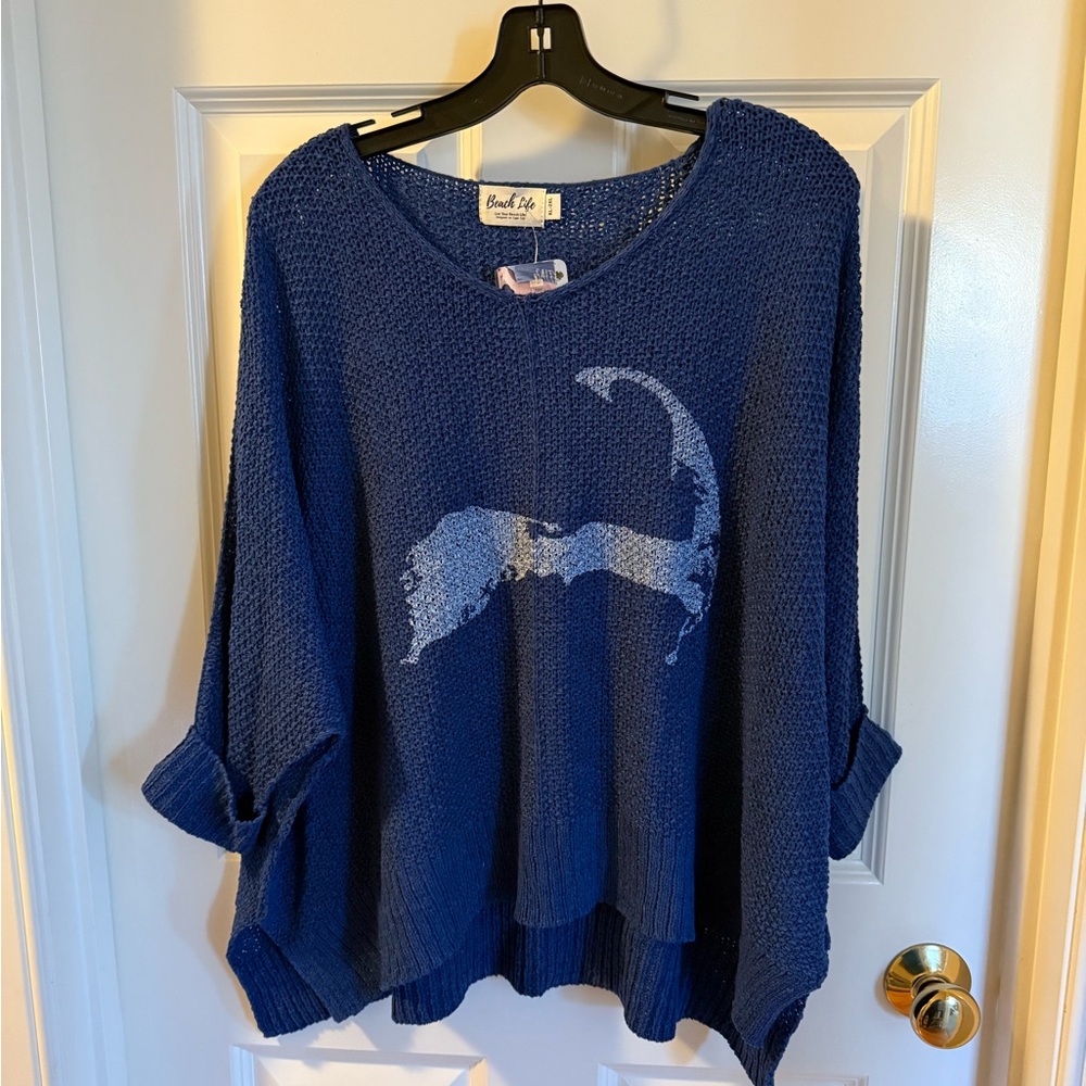 NWT "Beach Life" Cape Cod Map Blue Slouchy Knit Sweater, One Size XL-2XL
